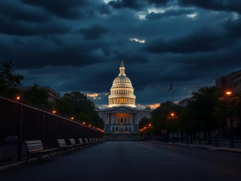 Flick International Wide-angle view of the Capitol Building in Washington, D.C. at twilight, featuring barricades and a silhouette of the National Guard.