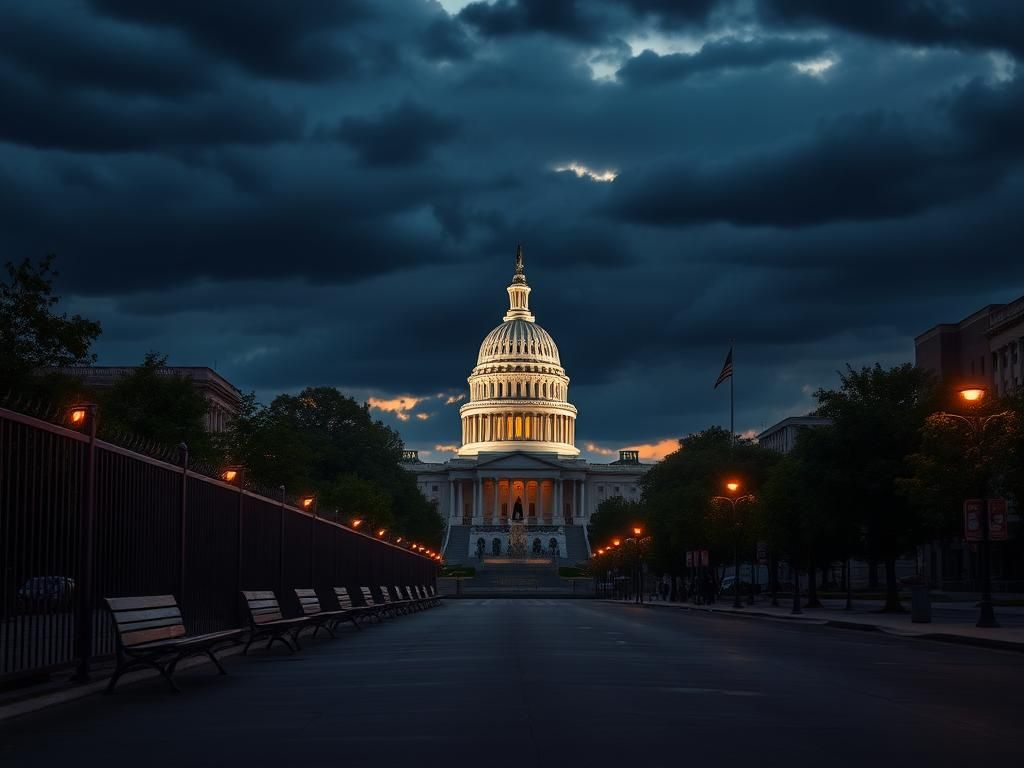 Flick International Wide-angle view of the Capitol Building in Washington, D.C. at twilight, featuring barricades and a silhouette of the National Guard.