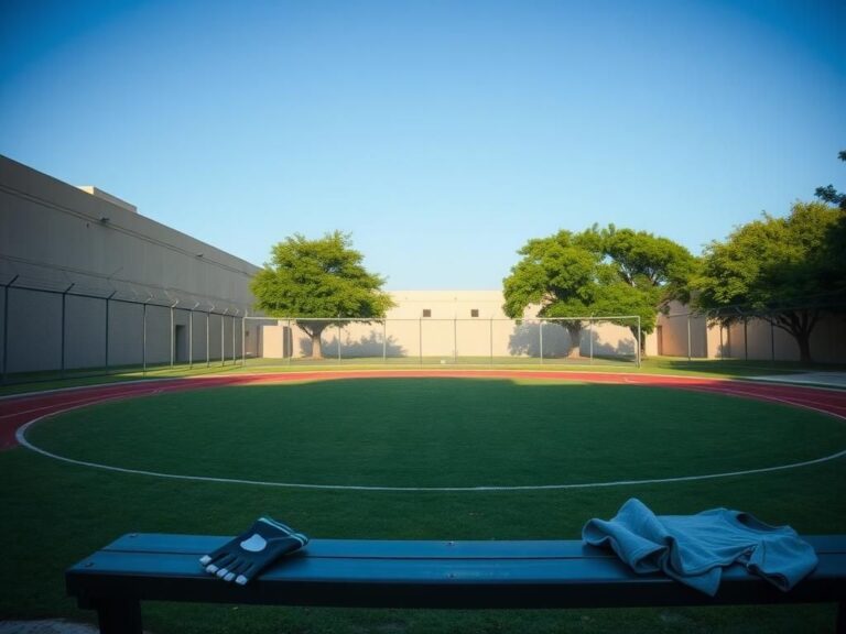 Flick International Outdoor scene of a minimum-security prison yard in Bryan, Texas, with a clear blue sky and beige prison walls