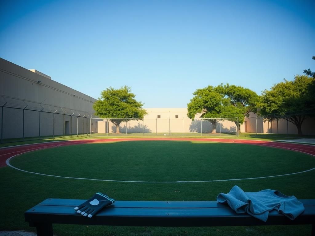 Flick International Outdoor scene of a minimum-security prison yard in Bryan, Texas, with a clear blue sky and beige prison walls