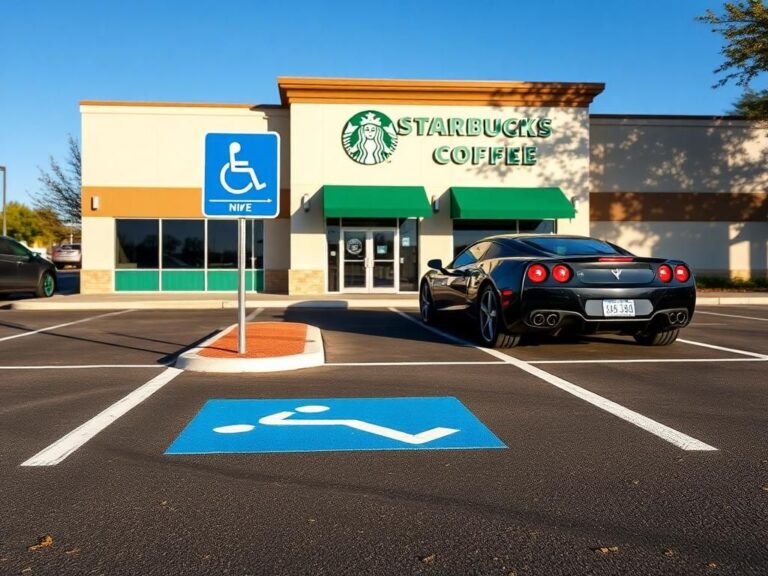 Flick International A sports car incorrectly parked in a handicap space at a Starbucks lot