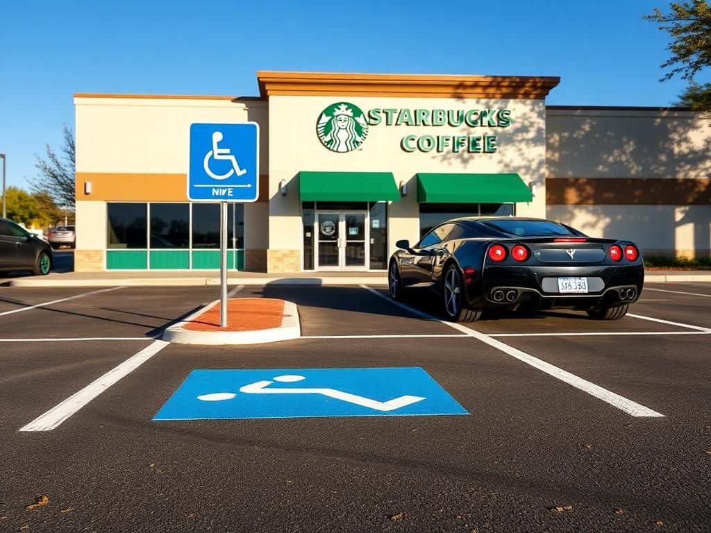 Flick International A sports car incorrectly parked in a handicap space at a Starbucks lot