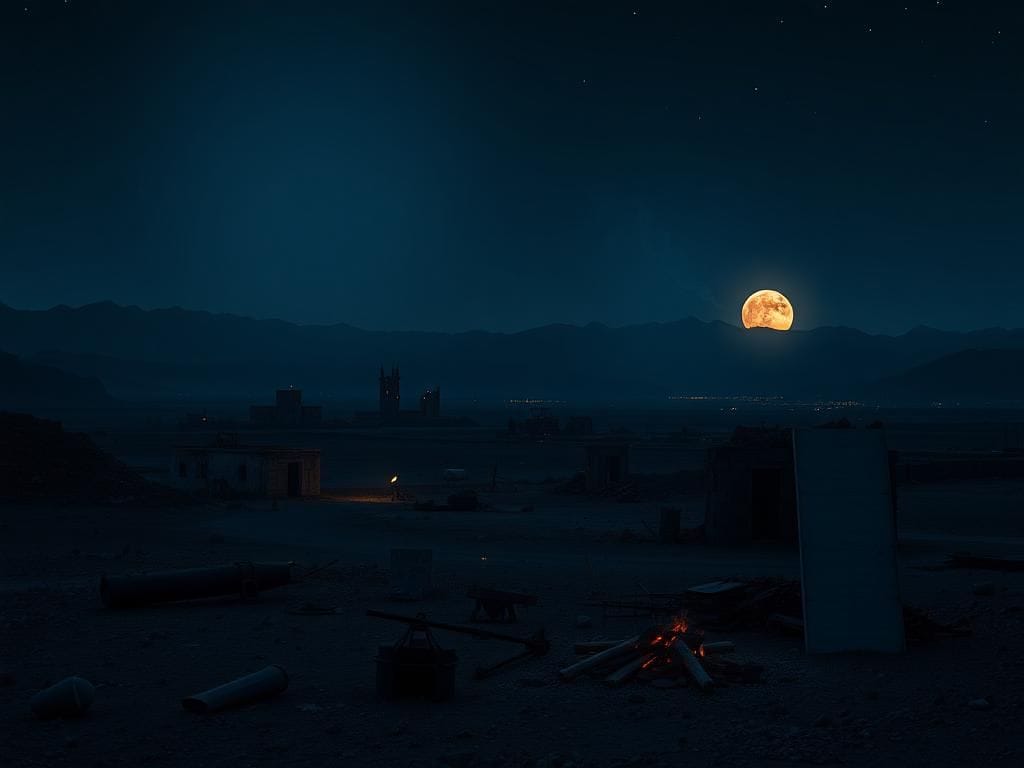 Flick International A dramatic night scene in northern Syria showcasing a rugged landscape with remnants of military equipment.