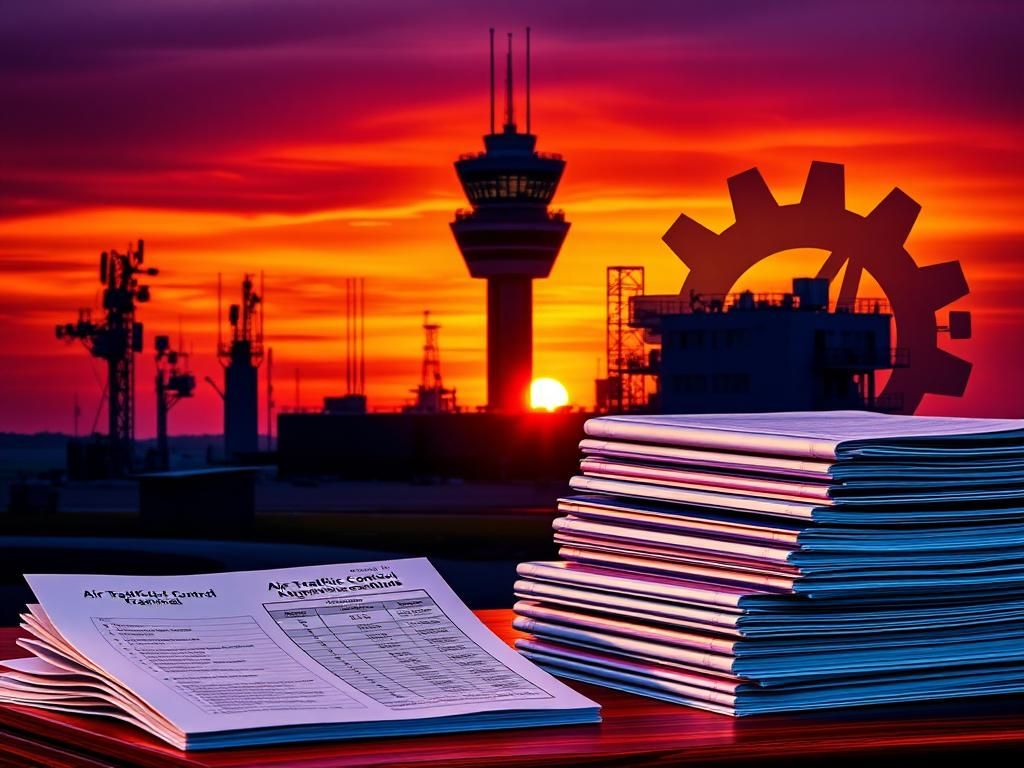 Flick International Modern air traffic control tower at sunset with radar antennas