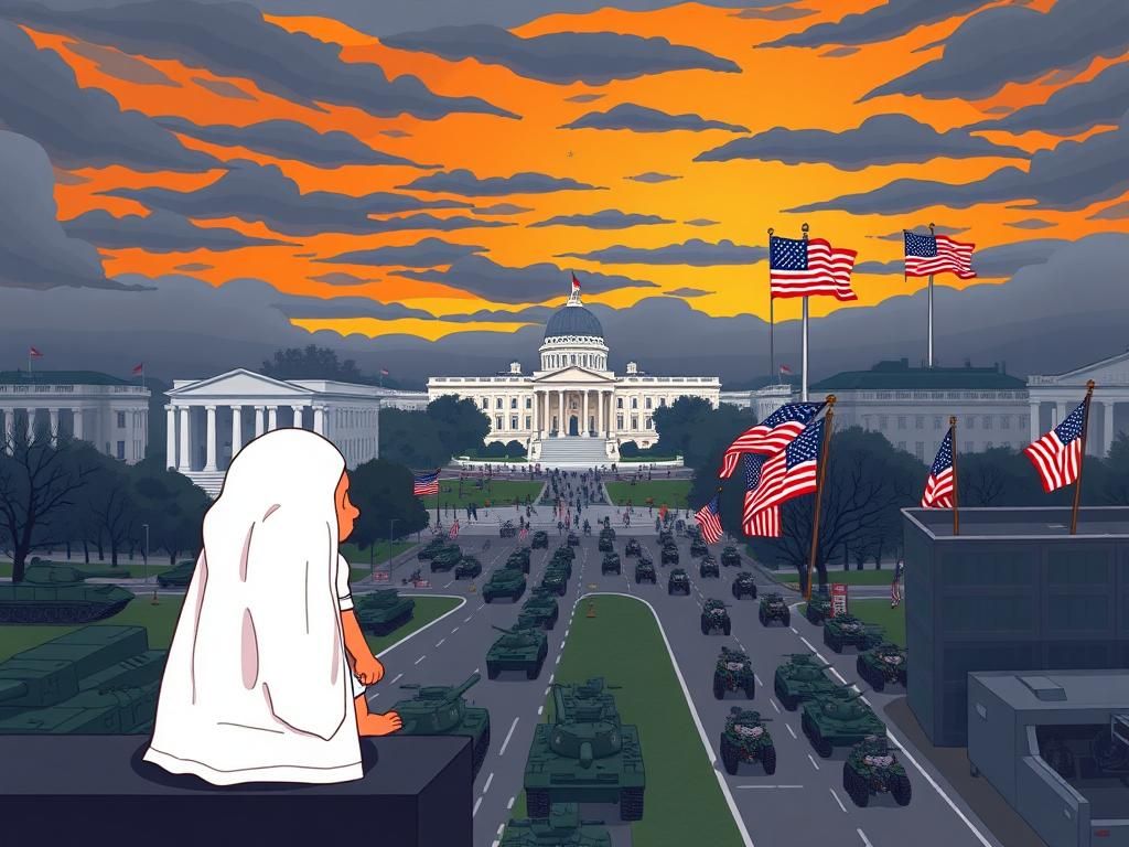 Flick International Cartoon depiction of Washington, D.C. with the White House and tanks in the streets