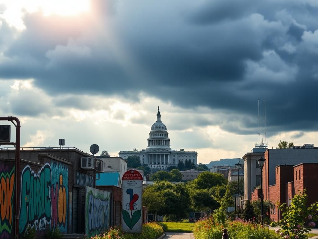 Flick International A vibrant sanctuary city mural depicting diversity and community amidst a federal building silhouette