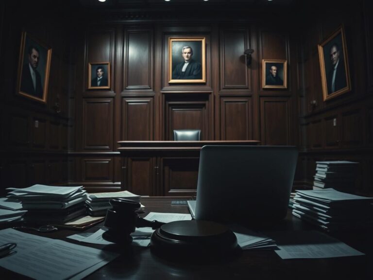 Flick International Dimly lit courtroom chamber with abandoned gavel and scattered papers
