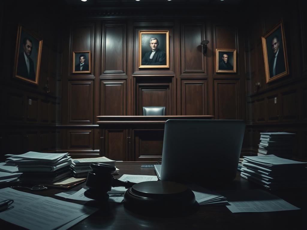 Flick International Dimly lit courtroom chamber with abandoned gavel and scattered papers