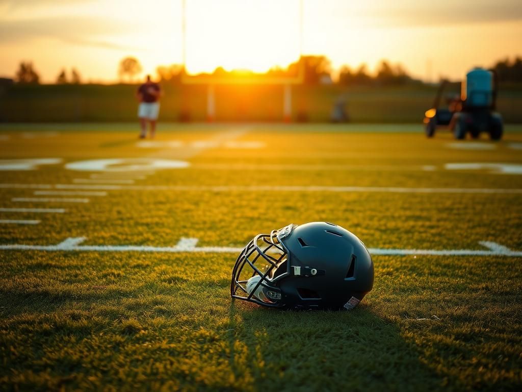 Flick International Close-up view of an overturned practice helmet on an NFL field, symbolizing sports injuries