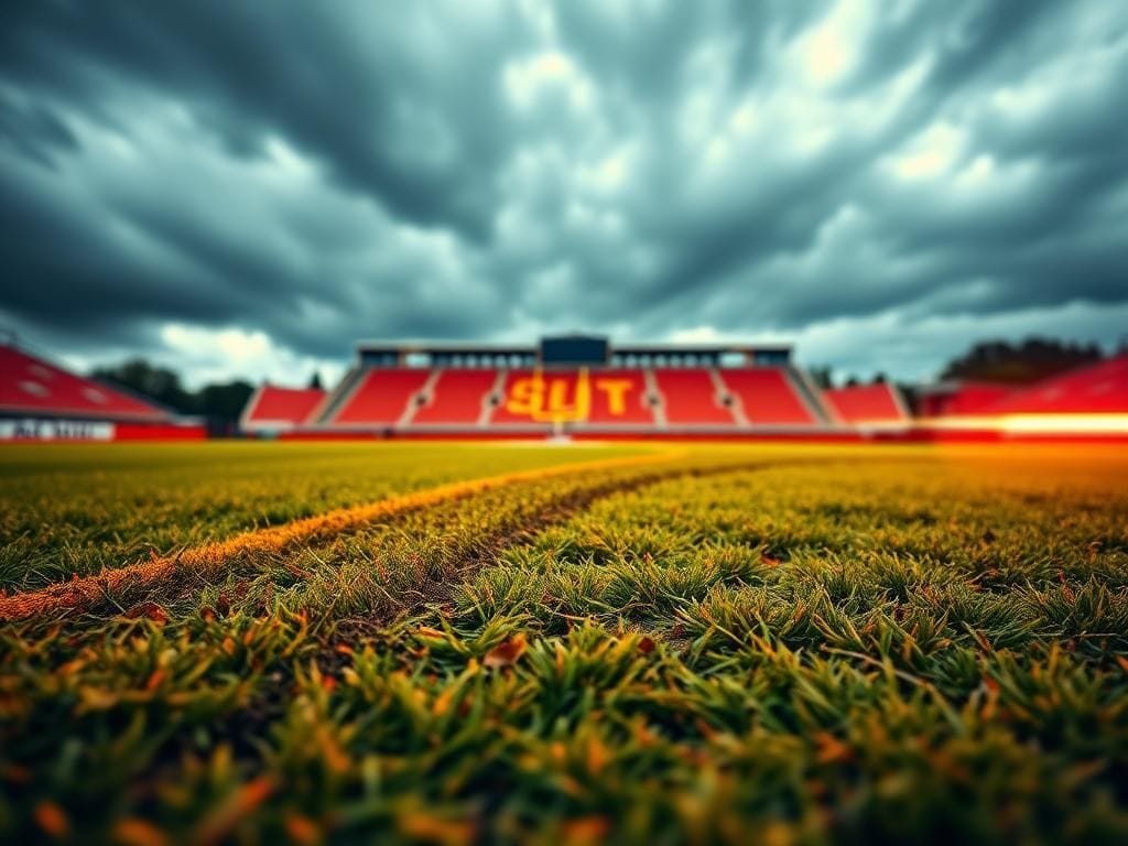 Flick International Close-up of a football field marked by a speeding car tire track