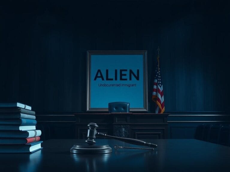 Flick International Empty courtroom with legal books and American flag symbolizing immigration law