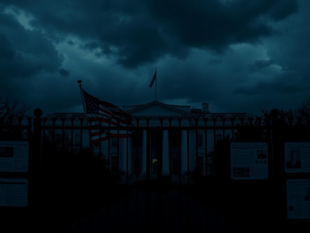 Flick International Dimly lit Pentagon building with a silhouette of a U.S. flag and a locked security gate in the foreground