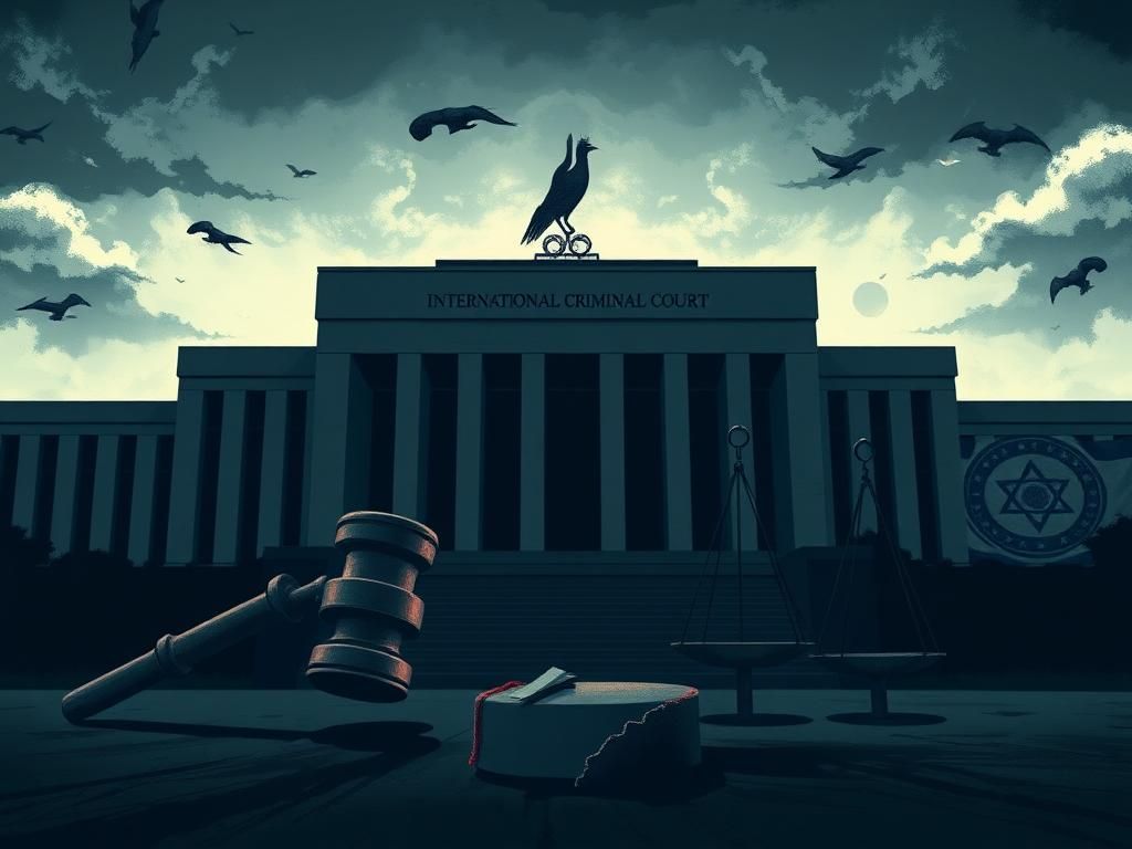 Flick International Conceptual illustration of the International Criminal Court building with symbols of justice in the foreground