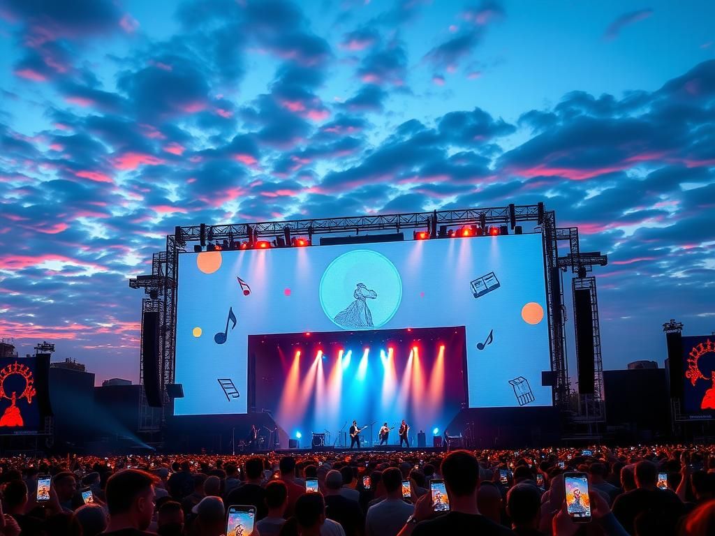 Flick International Vibrant outdoor concert scene featuring a large jumbotron displaying abstract visuals under a twilight sky