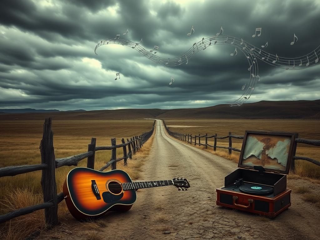 Flick International Winding road under overcast sky with acoustic guitar and record player in the foreground