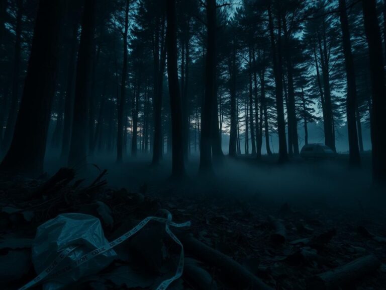 Flick International Dark forest scene at twilight indicating crime scene remnants