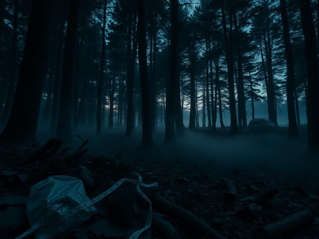 Flick International Dark forest scene at twilight indicating crime scene remnants