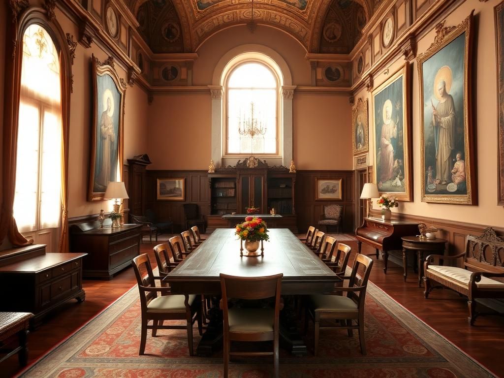 Flick International A beautifully renovated room in the Apostolic Palace featuring ornate wooden furniture and elegant tapestries.