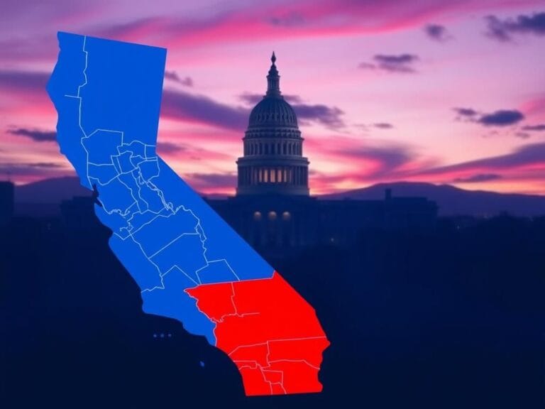 Flick International Abstract map of California representing political redistricting with blue and red highlights