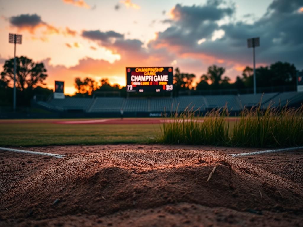 Flick International Sunset-lit softball field with a worn pitcher's mound and home plate representing competition