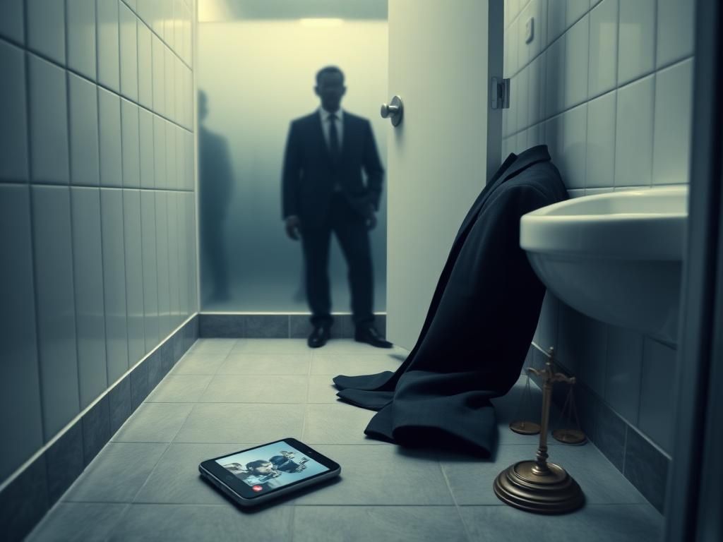 Flick International A closed bathroom stall door revealing an empty interior symbolizing political tension