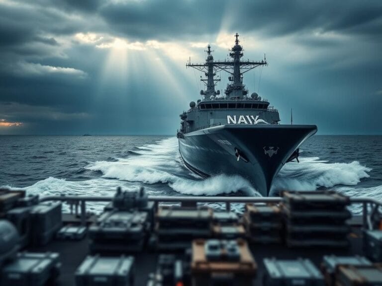 Flick International A majestic Navy ship navigating through waves, symbolizing military readiness.