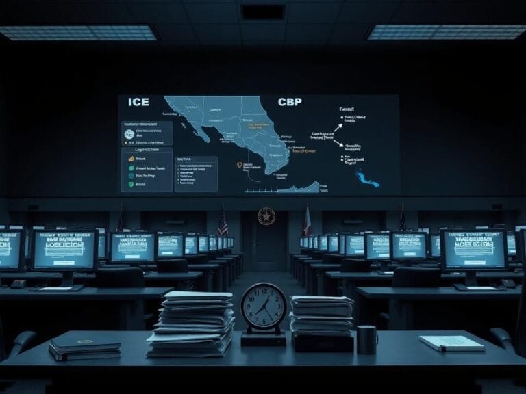 Flick International A vast, empty bureaucratic office setting with computer screens and immigration data.