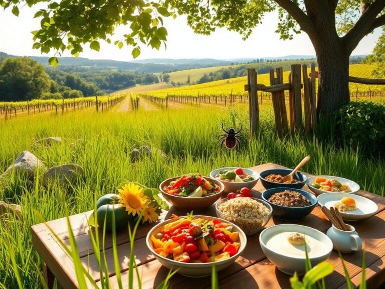 Flick International Close-up view of a vibrant green landscape on Martha’s Vineyard featuring a wooden picnic table with colorful plant-based dishes