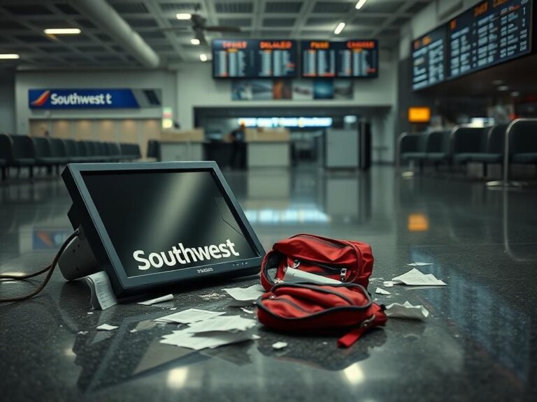 Flick International Shattered Southwest Airlines computer monitor on airport floor amidst chaos