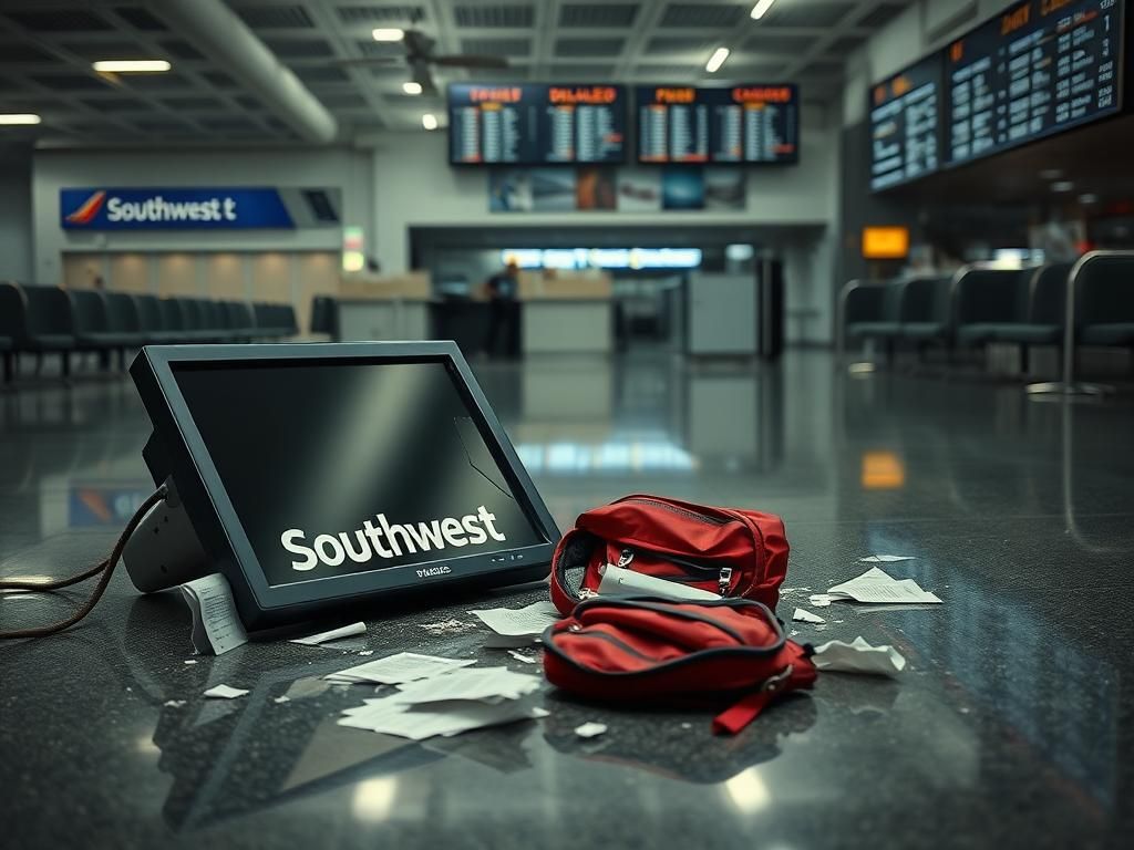Flick International Shattered Southwest Airlines computer monitor on airport floor amidst chaos