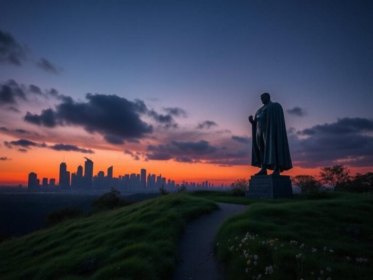 Flick International A somber landscape with a city skyline at dusk and a superhero emblem in the clouds.