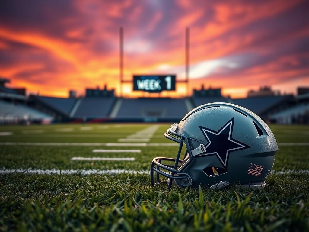 Flick International Dallas Cowboys football helmet on grass at dawn symbolizing anticipation and uncertainty