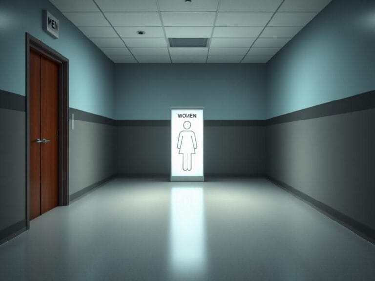 Flick International A solemn restroom hallway with contrasting 'Men' and 'Women' doors.