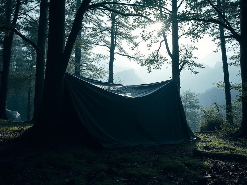 Flick International Large dark tarp lying on damp mossy forest floor, surrounded by towering trees