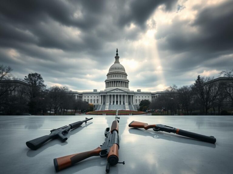 Flick International Abandoned rifles and shotguns on a marble surface with the U.S. Capitol in the background