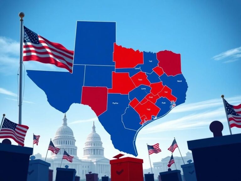 Flick International Detailed illustration of a Texas map showing newly drawn congressional districts with red and blue segments
