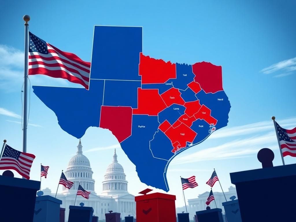 Flick International Detailed illustration of a Texas map showing newly drawn congressional districts with red and blue segments