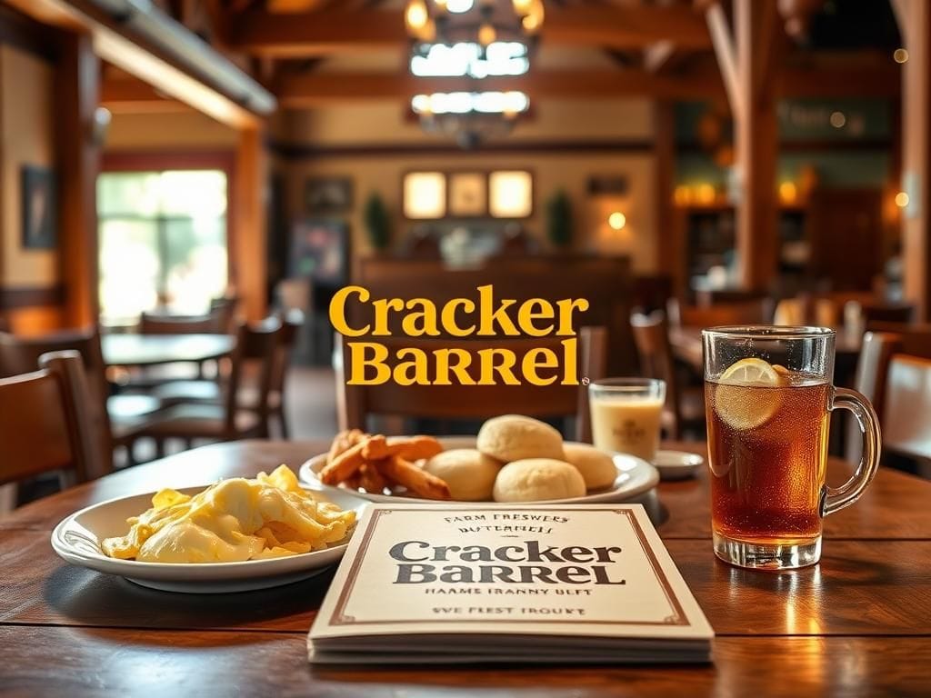 Flick International Cozy interior of a Cracker Barrel restaurant featuring a wooden table set with southern-style comfort food.