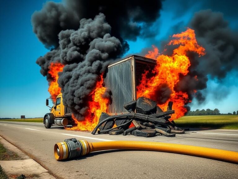 Flick International Charred tractor-trailer engulfed in flames on a rural Missouri highway with ribeye steaks cargo