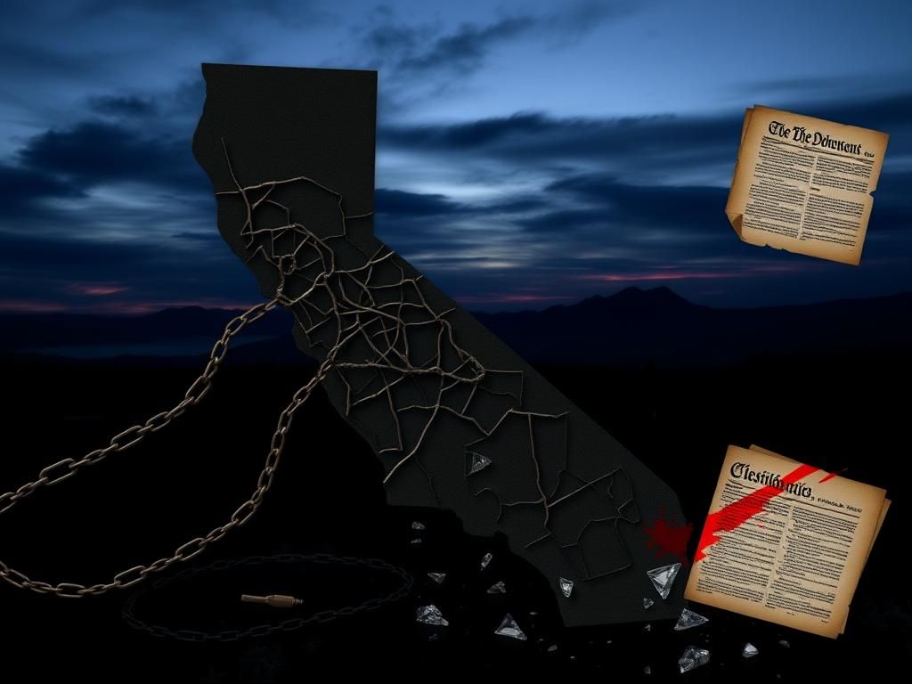 Flick International A darkened California state map illustrating gerrymandered districts with broken chains symbolizing democratic betrayal