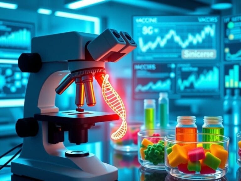 Flick International A futuristic laboratory showcasing advanced mRNA research with a high-tech microscope and glowing mRNA strand.