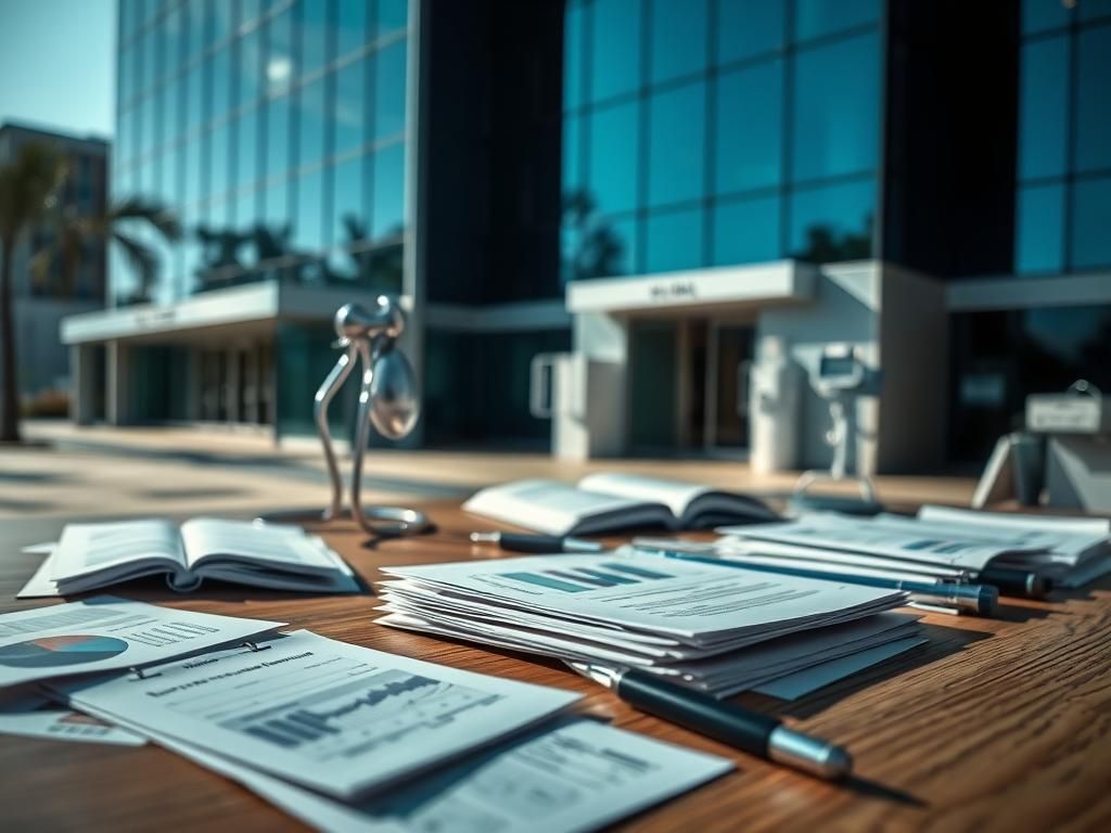 Flick International Close-up of a modern hospital building with a glass facade and a kidney-shaped sculpture in the foreground.