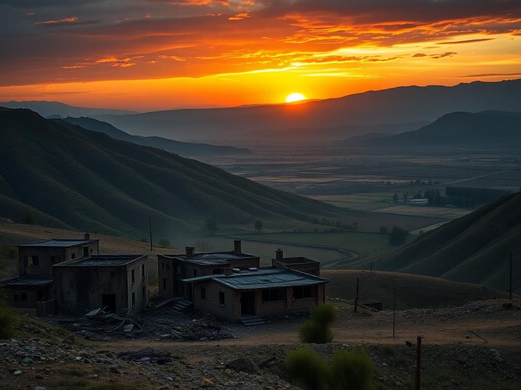 Flick International A striking view of a charred abandoned village surrounded by mountains in Syria's Sweida region, symbolizing the aftermath of extremist attacks on minority communities.