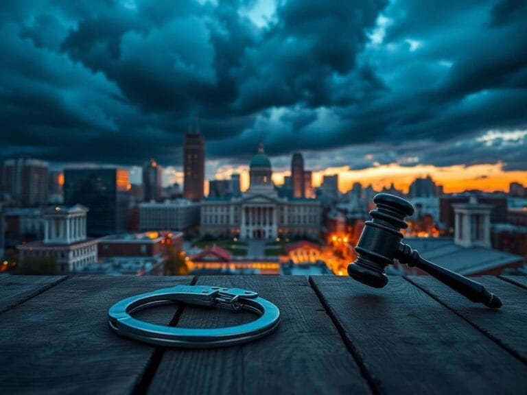 Flick International Dramatic cityscape of Boston at dusk with iconic skyline and law enforcement symbols