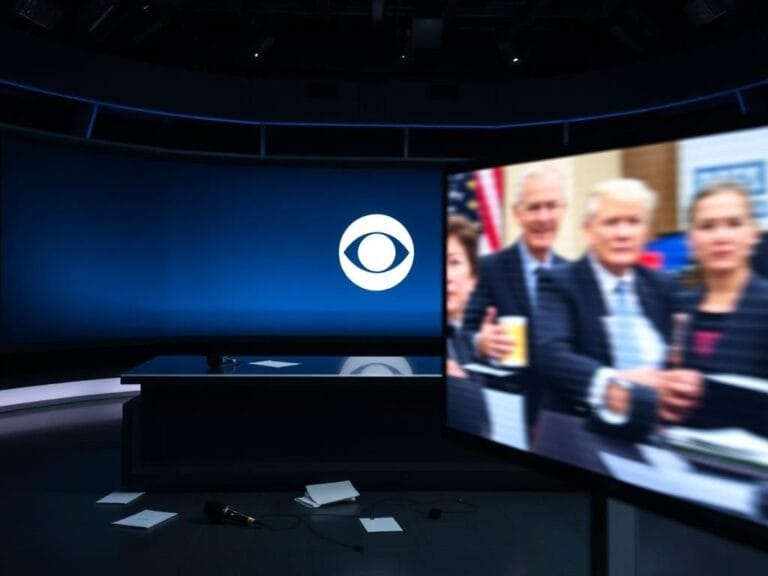 Flick International Dimly lit television studio set with a modern anchor desk and CBS logo