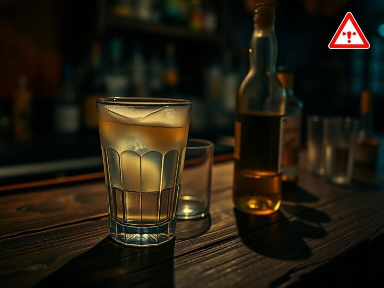 Flick International A dark cocktail glass filled with a cloudy liquid on a wooden bar counter, symbolizing danger in unsealed drinks.