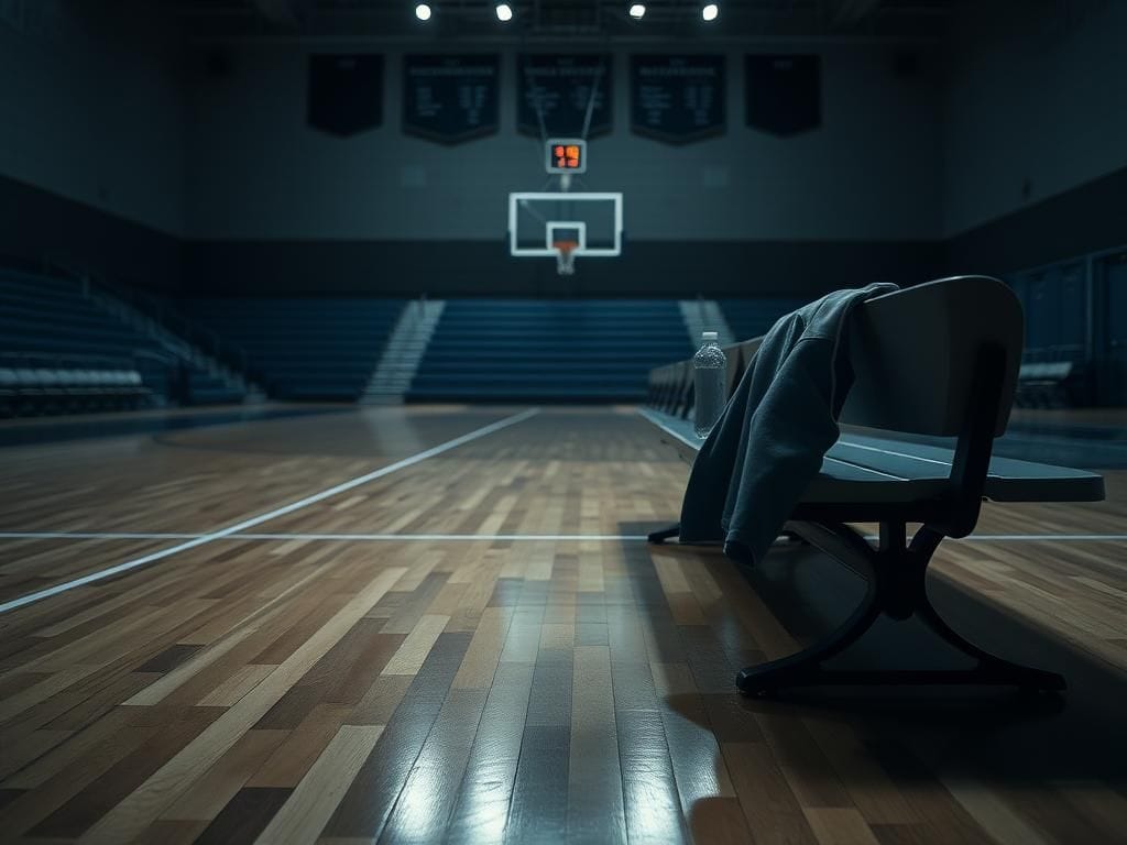 Flick International Close-up of a basketball court bench with an empty water bottle and a jersey symbolizing absence and recovery