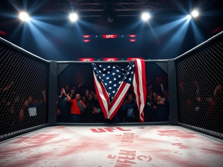 Flick International Dramatic scene inside a UFC octagon with an empty cage and cheering crowd in the background