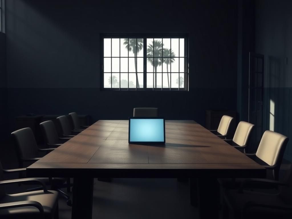 Flick International Dimly lit prison conference room with an imposing wooden table, hinting at the Menendez brothers' parole hearings