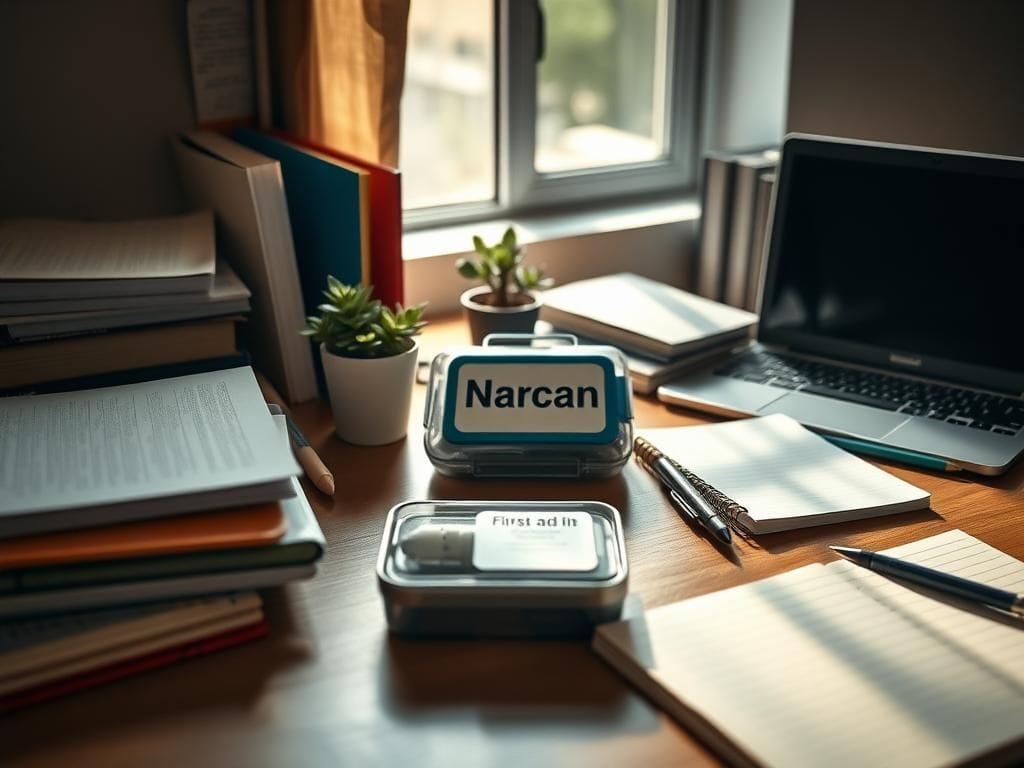 Flick International Close-up of a college dorm room desk featuring a Narcan first aid kit, books, and a laptop.